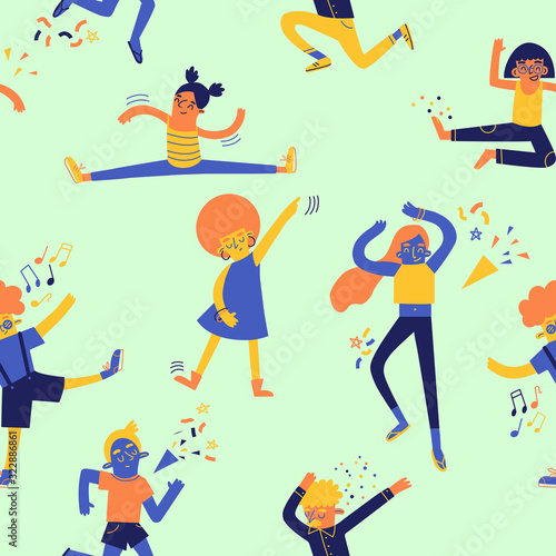 Seamless vector pattern of young happy people dancing 