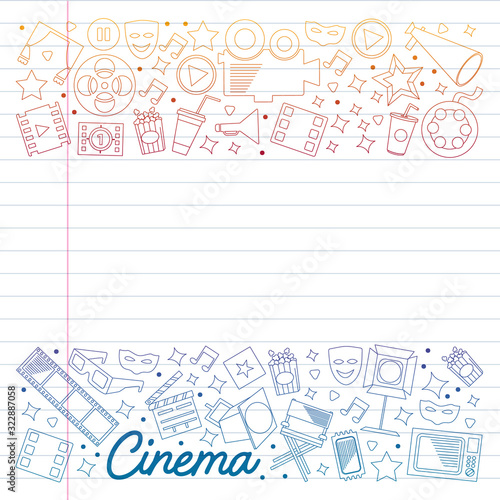 Cinema, video. Doodle set of vector icons. Megaphone, camera, movie. Musical theathre, entertaiment.