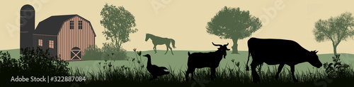 Farm animals silhouette on beautiful rural landscape