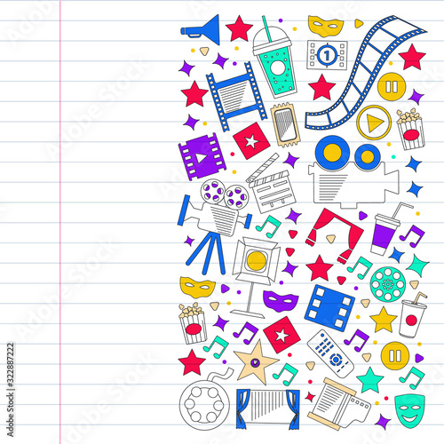 Cinema, video. Doodle set of vector icons. Megaphone, camera, movie. Musical theathre, entertaiment.