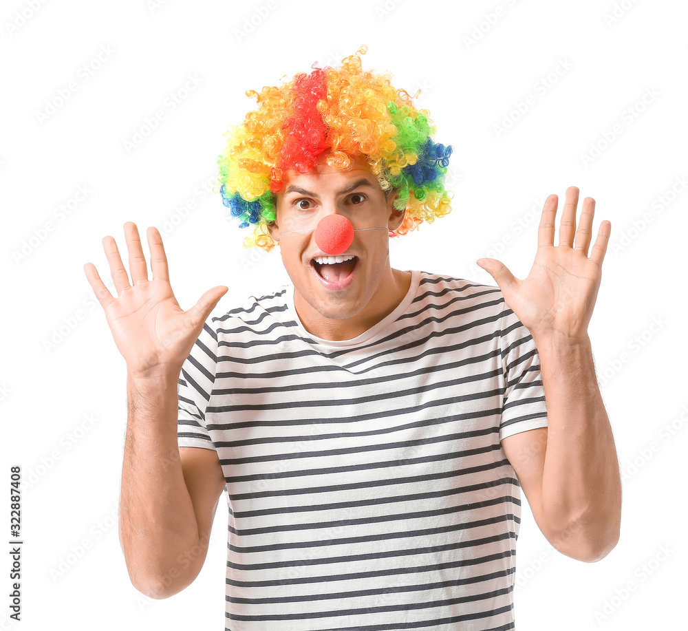 Man in funny disguise on white background. April fools' day celebration Man in funny disguise on white background. April fools' day celebration