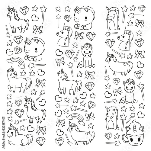 Children pattern with fairy tale unicors for kids clothes, posters, banners, shirts. Vector image with cartoon character.