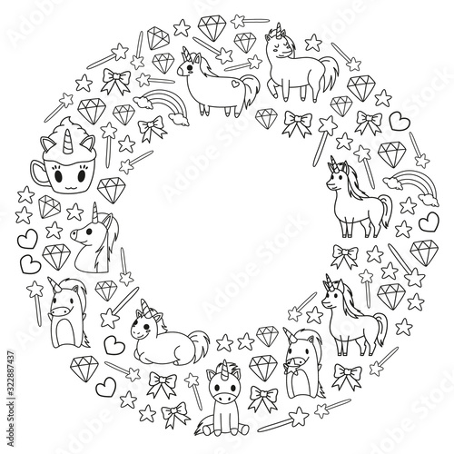 Children pattern with fairy tale unicors for kids clothes, posters, banners, shirts. Vector image with cartoon character.
