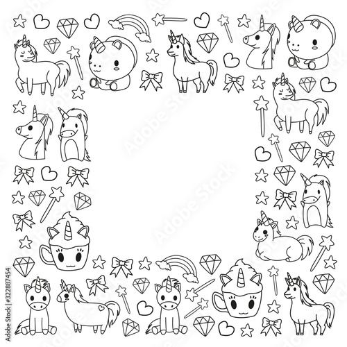 Children pattern with fairy tale unicors for kids clothes, posters, banners, shirts. Vector image with cartoon character.