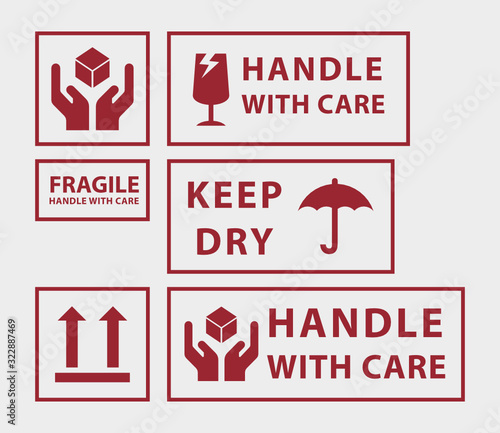 Set of handle with care icons, for shipping