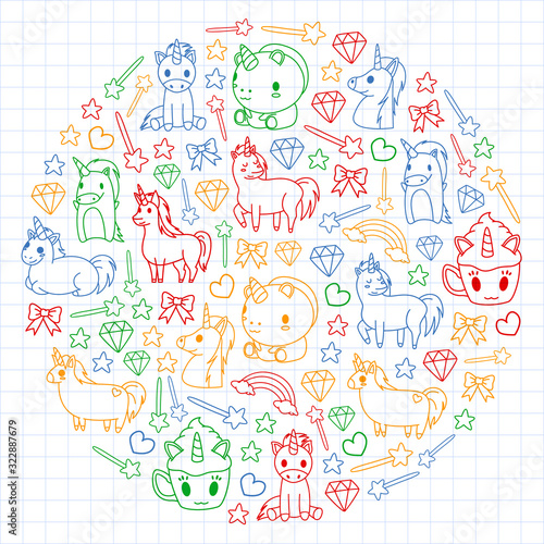 Children pattern with fairy tale unicors for kids clothes, posters, banners, shirts. Vector image with cartoon character.