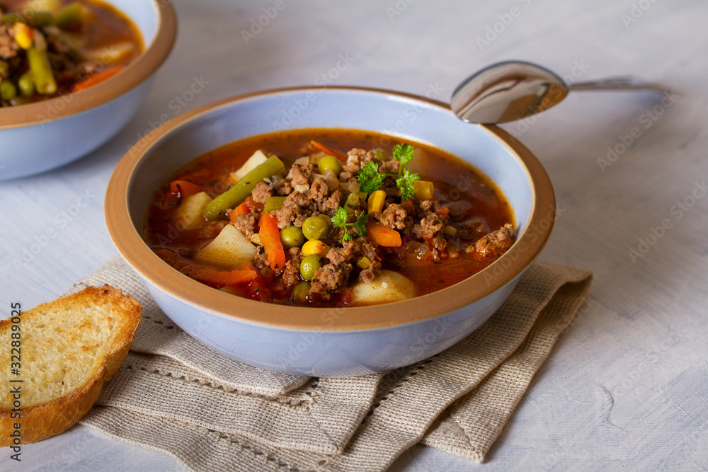 Delicious hamburger soup with vegetables. Healthy nutrition food Delicious hamburger soup with vegetables. Healthy nutrition food