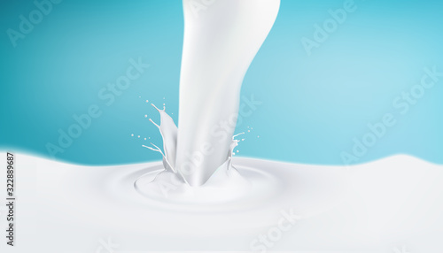 Realistic milk splash on blue background