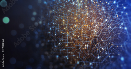 Abstract tech background made of printed circuit board. Depth of field effect and bokeh. internet connections, cloud computing and neural network, big data. 3D render
