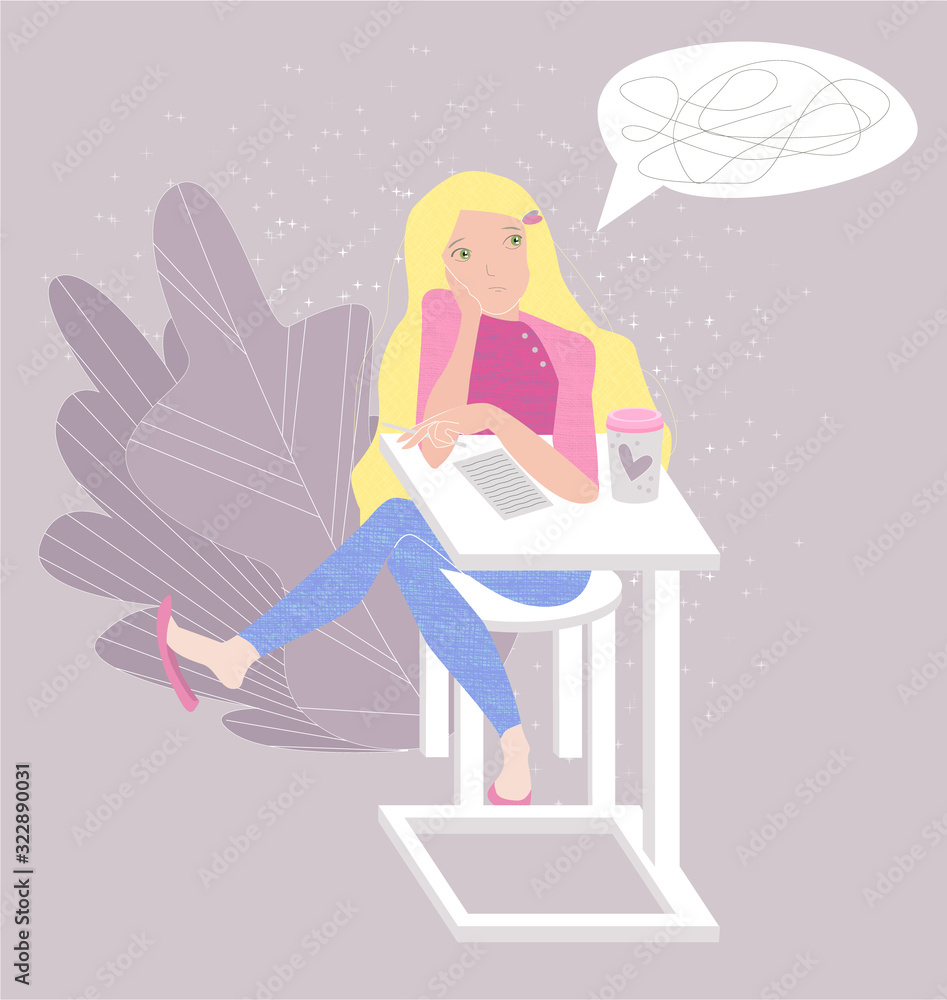 Vector flat illustration with young female student or school girl who is thinking about writing complex text. She doesn t know what to write. Concept learning, thinking. Use in web design, banner, etc Vector flat illustration with young female student or school girl who is thinking about writing complex text. She doesn t know what to write. Concept learning, thinking. Use in web design, banner, etc