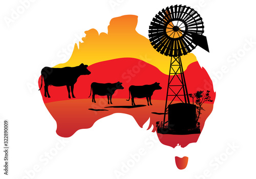 Outline of Australian map with cows and windmill 