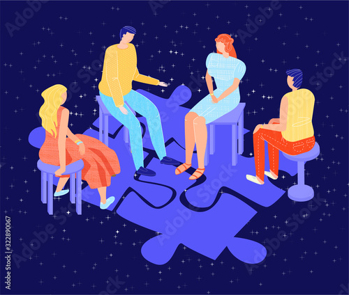 Vector flat illustration with group psychological therapy on background of abstract puzzle as symbol of problem being solved. Concept psychological, psychiatric care, mental health, communication.