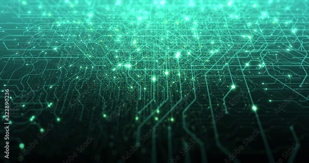 Obraz premium Abstract digital city. Digital Circuit board, Motherboard, Digital chip. Digitalization of Information: IT, IOT, Server, Data Center. Animated Visualization of Network Data. 3D render