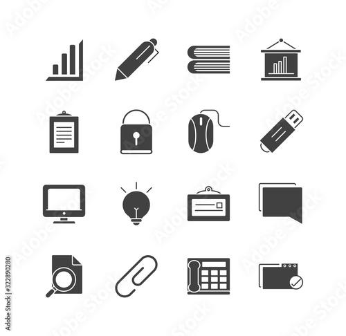 office supply equipment stationery icon set silhouette on white background