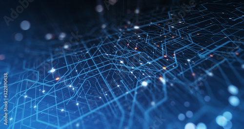 Abstract Circuit board. Electronic computer hardware technology. Motherboard digital chip. Matrix particles grid virtual reality. Network communication processor. Information CPU engineering 3D render