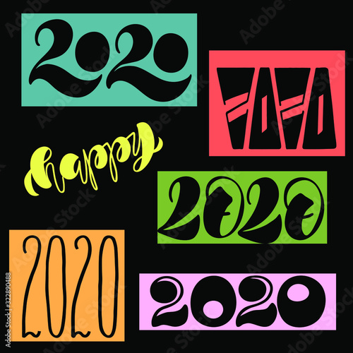 "2020" in a different styles on black background for postcard, banner, sticker, gift. Vector illustration for celebration and printshop
