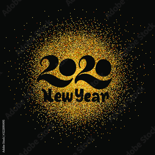 "2020 New Year" lettering on a gold placer and black background for postcard, banner, sticker, gift. Vector illustration for celebration and printshop