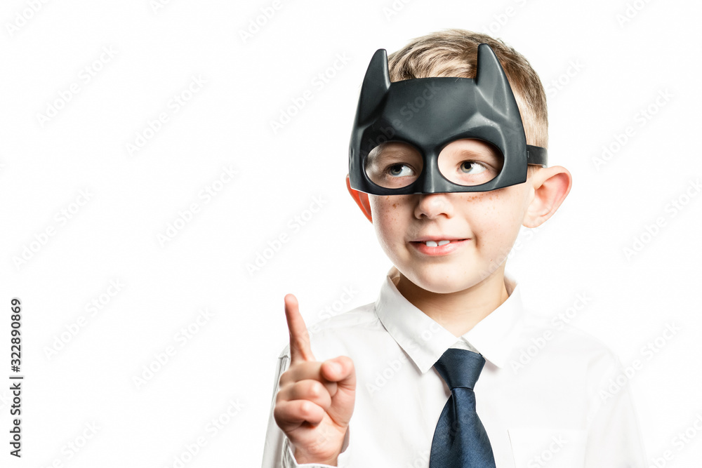 boy in superhero mask on white isolated background