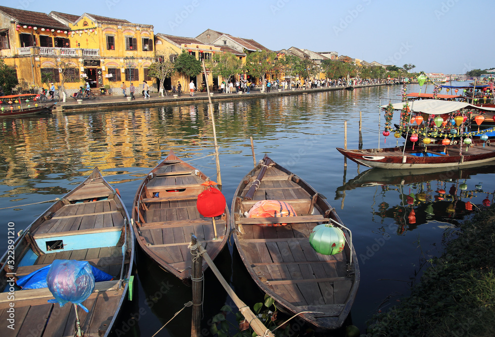 Thu bon River with boats scenery in Hoi An, Vietnam, February 2, 2020
