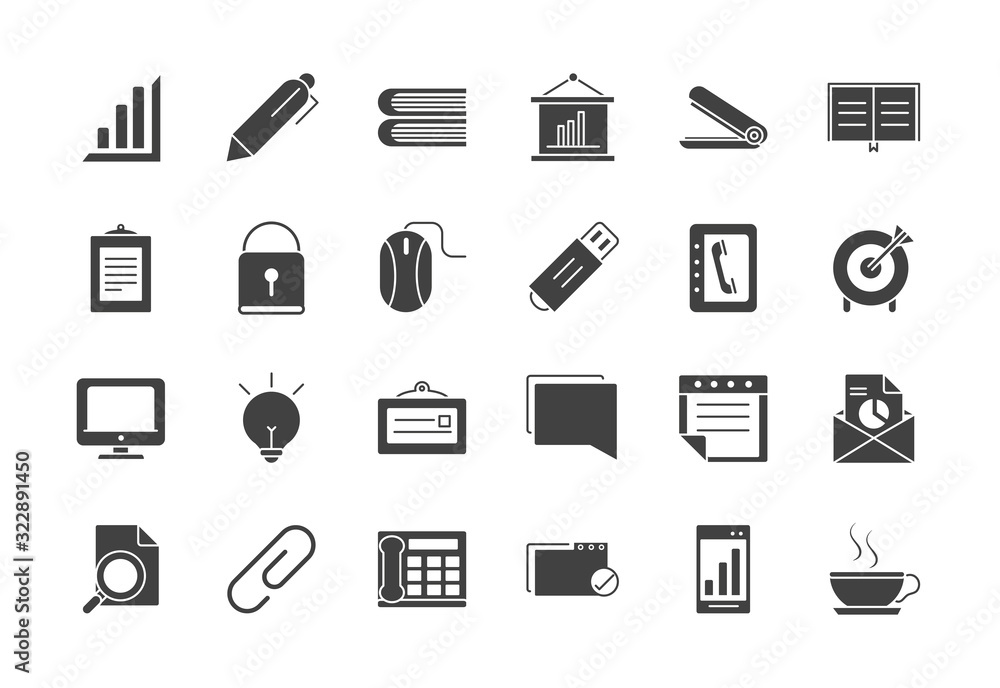 office supply equipment stationery icon set silhouette on white background