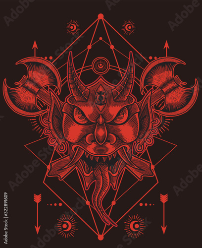 oni mask with axe weapon-sacred geometry