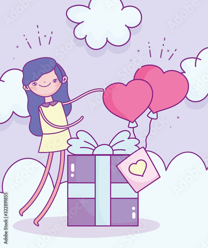 happy valentines day, girl with gift box and balloons shaped hearts love