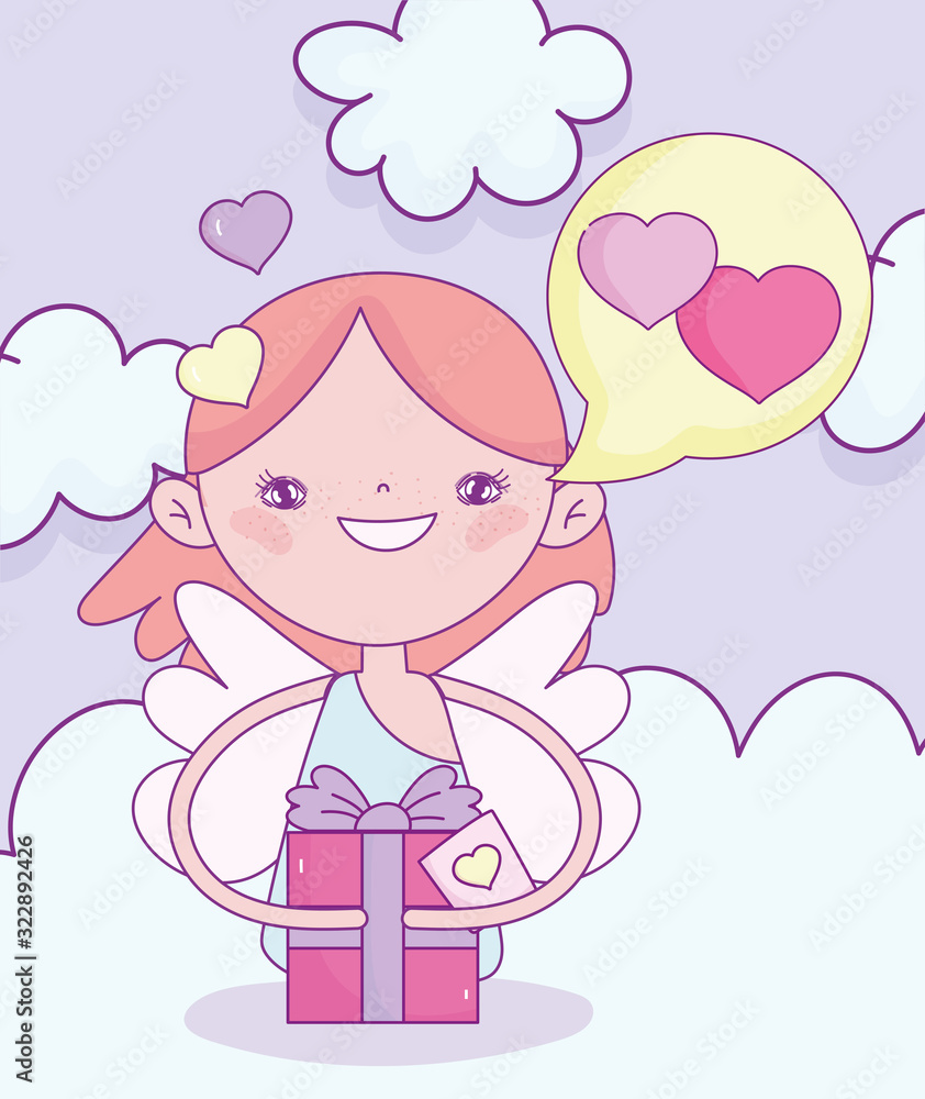 happy valentines day, cupid with gift box speech bubble love hearts