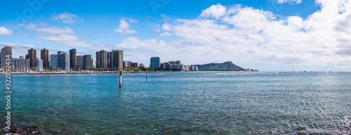 View of Waikiki and Diamond Head from Ala Moana Beach Park  Honolulu  Oahu Island  Hawaii.