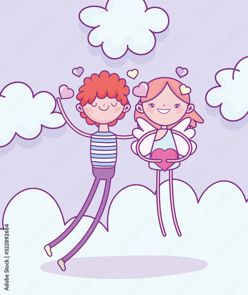 happy valentines day, boy with cupid holding heart love clouds