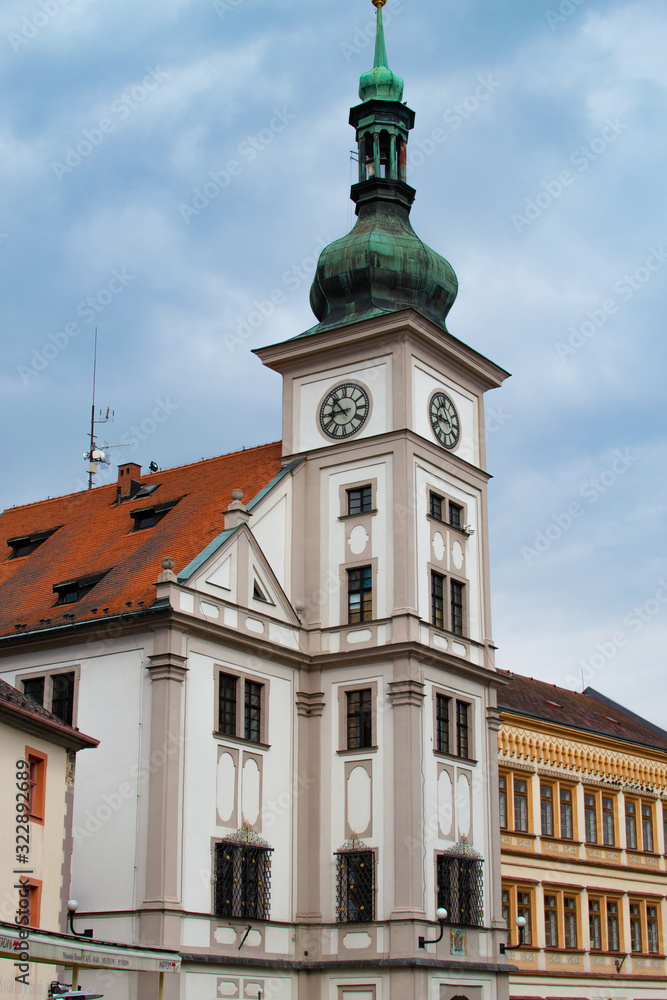 Vertical picture of the facade of the Town Hall (Radnice) of Loket, located in Loket Market, the main square, in Czech Republic