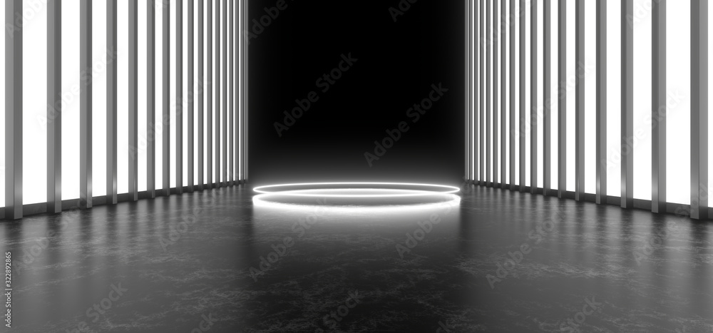 Naklejka premium Beautiful composition of white neon lights on a black background. 3d rendering image.
