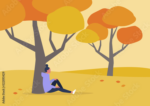 Young female character sitting under the tree, autumn outdoor leisure, hiking