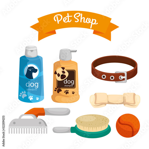 pet shop with care bottles and icons vector illustration design