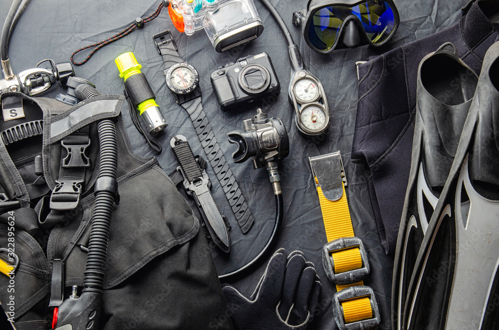 Poster Full set of scuba diving equipment Fins, Regulator/Octopus, Depth  Gauge, Balanced Regulator,Power Inflator, Dive Mask and Snorkel , aqualung  – Wall Art | UkPosters