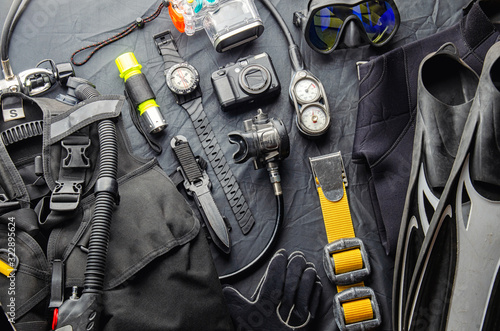 Fotografie Full set of scuba diving equipment Fins, Regulator/Octopus, Depth Gauge, Balanced Regulator,Power Inflator, Dive Mask and Snorkel , aqualung