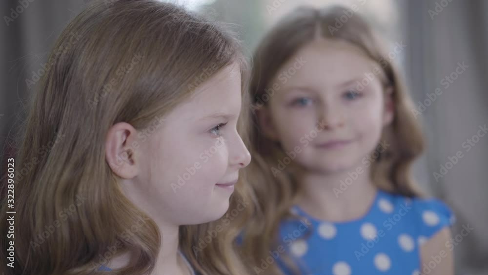 Focus changes from face of smiling little girl at the background to profile portrait of her twin sister at the foreground. Two identical children posing indoors. Joy, happiness, lifestyle. Focus changes from face of smiling little girl at the background to profile portrait of her twin sister at the foreground. Two identical children posing indoors. Joy, happiness, lifestyle.