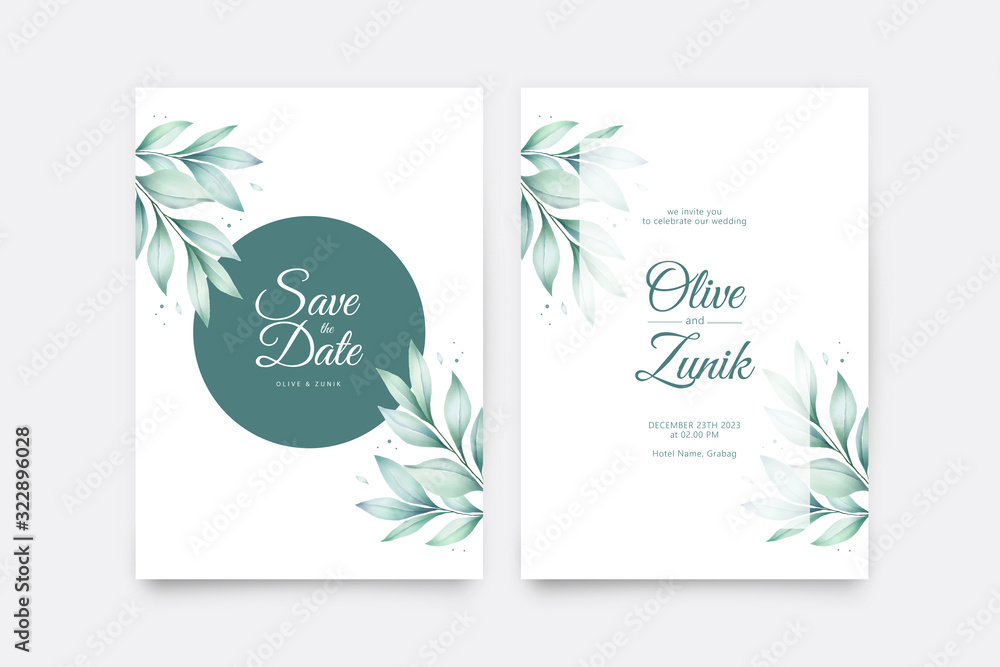 Elegant wedding card template with minimalist leaves watercolor