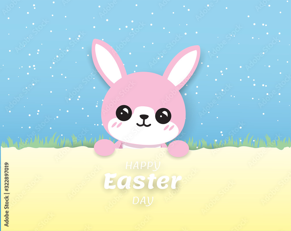 Fototapeta premium cute pink rabbit happy easter on blue background ,digitalcraft,paper cut
