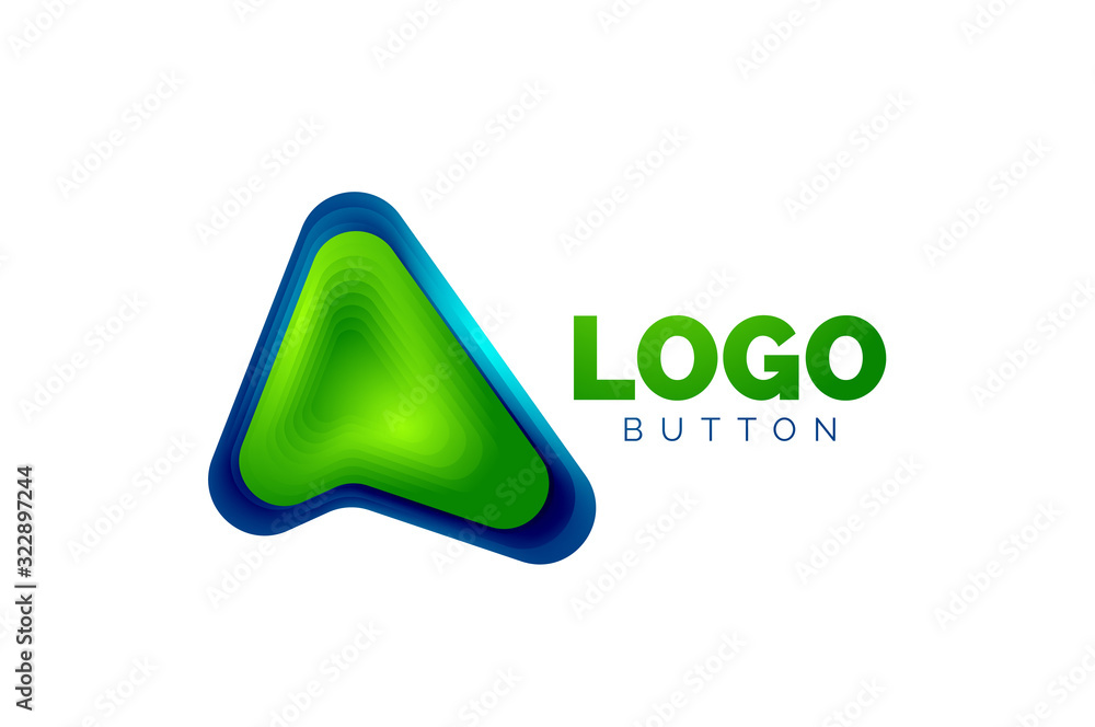 Arrow logo template. Or play or download button logotype template. Minimal geometrical design, 3d geometric bold symbol in relief style with color blend steps effect. Vector Illustration Arrow logo template. Or play or download button logotype template. Minimal geometrical design, 3d geometric bold symbol in relief style with color blend steps effect. Vector Illustration