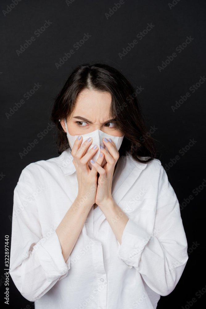 woman afraid of catching a cold, adult wearing dust mask, pm 2.5 dust woman afraid of catching a cold, adult wearing dust mask, pm 2.5 dust