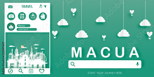 Macau Travel postcard, poster, tour advertising of world famous landmarks in paper cut style. Vectors illustrations