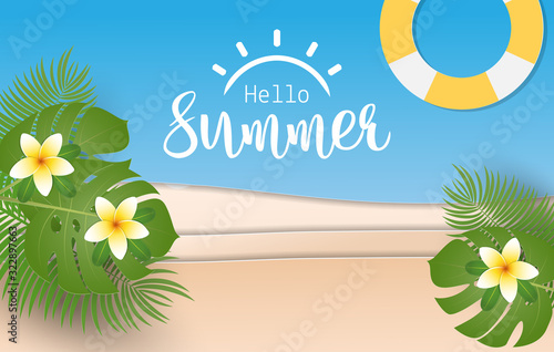 Hello Summer text with plumeria flower  swim tube  coconut leaves and  tropical leaves. Paper art style