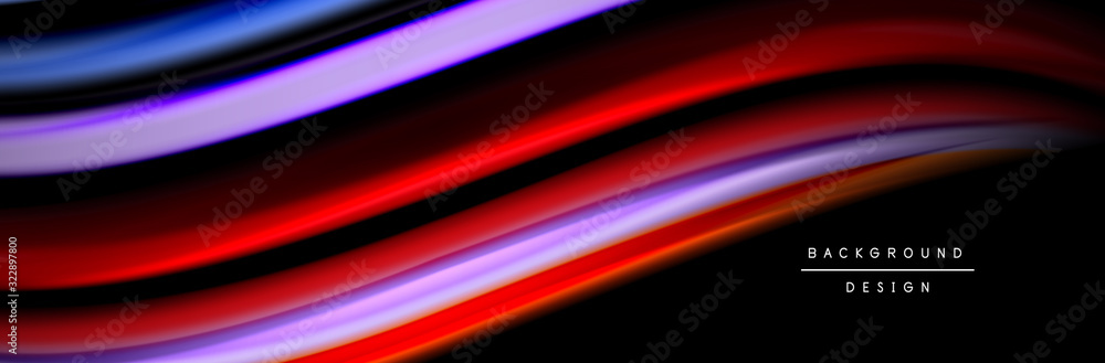 Silk and smooth flow wave poster design. Color waves, liquid style lines and shapes in black color background