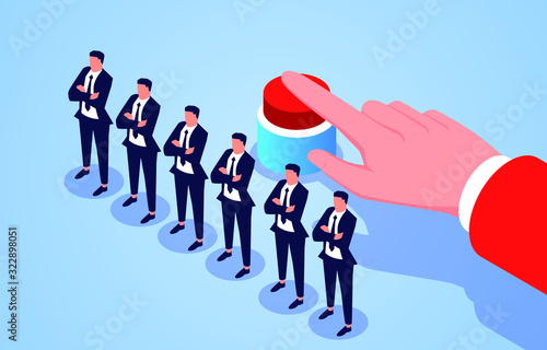 Huge hand pressing buttons standing behind a row of businessmen
