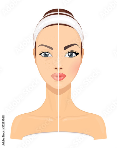 Comparison Side by Side Portrait of a Young Beautiful Girl Without and With Makeup on a White Background. Vector Illustration