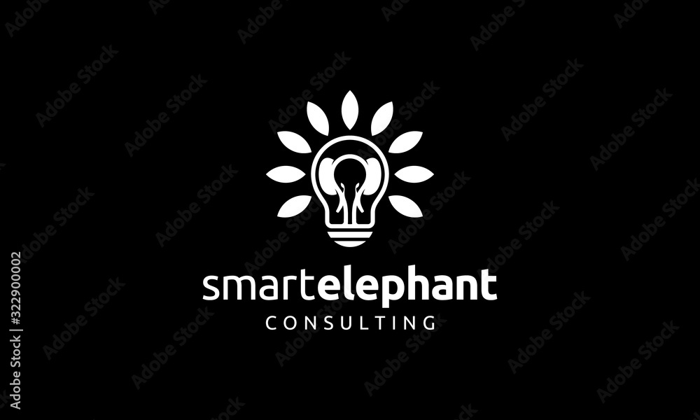elephant with light bulb and eco leaf logo design concept