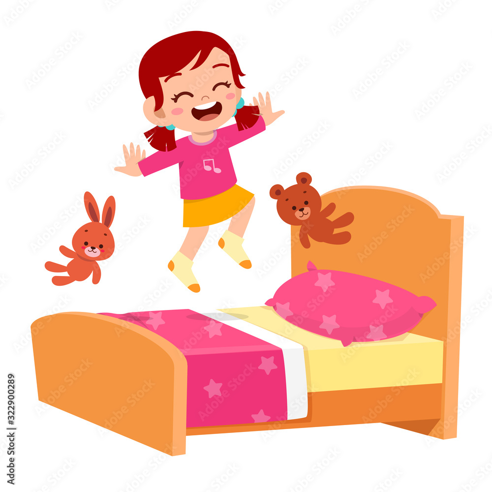 Vetor de happy cute little kid girl jump on bed room do Stock Adobe Stock
