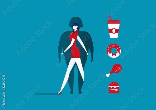 lady slim out of shadow fat people healthy concept vector illustrator.