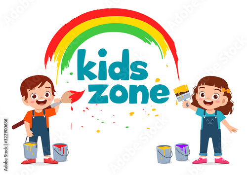happy cute little kid boy and girl with text logo