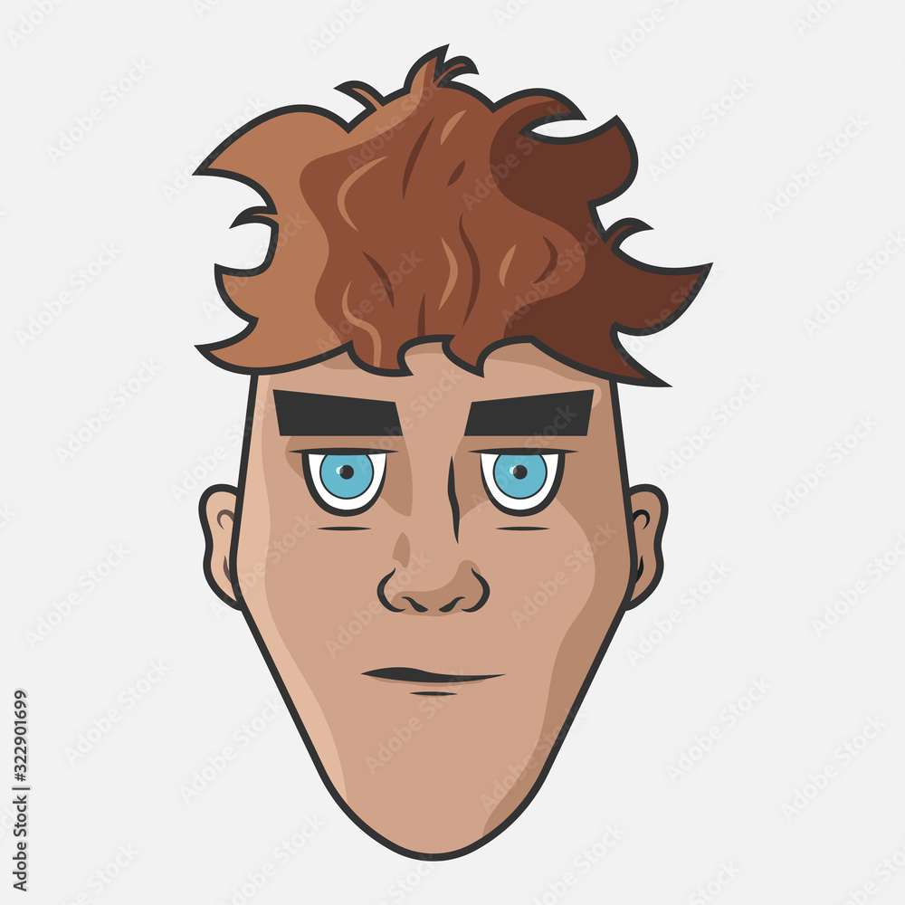 Character for your project. Cartoon vector illustration design. The man with brown hair. Portrait of angry man.